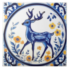 Bloemen Herten Blauw & Wit Woodland Folk Animal Ar Tegeltje