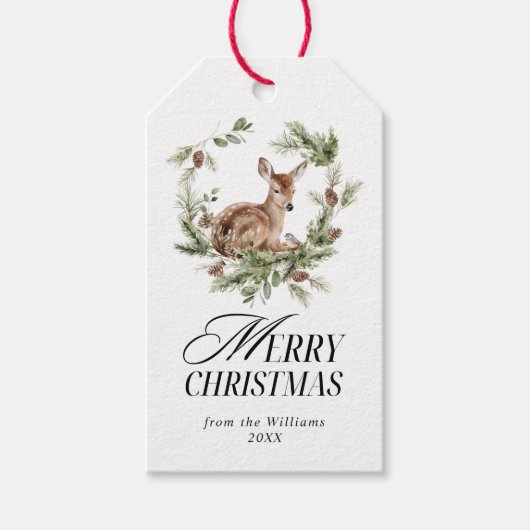 Bloemen Herten Elegant Modern Vrolijk Kerstfeest Cadeaulabel (Voorkant)