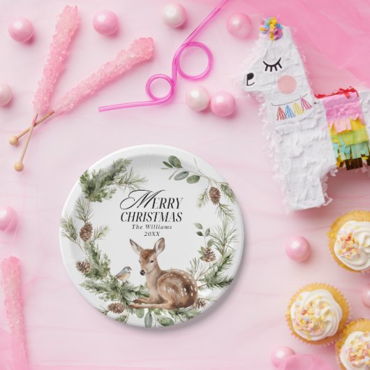 Bloemen Herten Elegant Modern Vrolijk Kerstfeest Papieren Bordje (Feest)