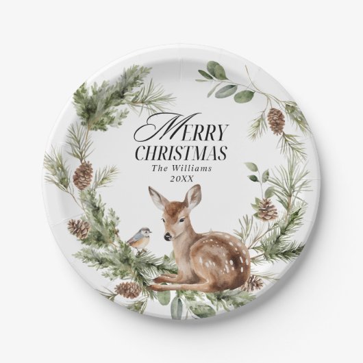 Bloemen Herten Elegant Modern Vrolijk Kerstfeest Papieren Bordje (Voorkant)