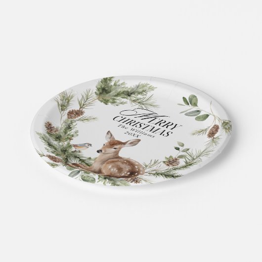 Bloemen Herten Elegant Modern Vrolijk Kerstfeest Papieren Bordje (Gekanteld)