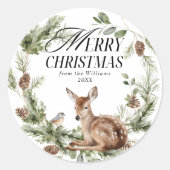 Bloemen Herten Elegant Modern Vrolijk Kerstfeest Ronde Sticker (Voorkant)