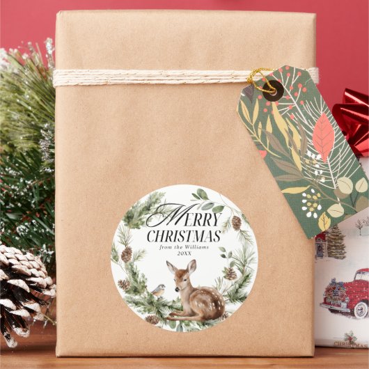 Bloemen Herten Elegant Modern Vrolijk Kerstfeest Ronde Sticker (Feestdagen)