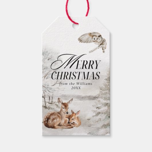 Bloemen Herten Elegante Waterverf Vrolijk Kerstfee Cadeaulabel (Voorkant)