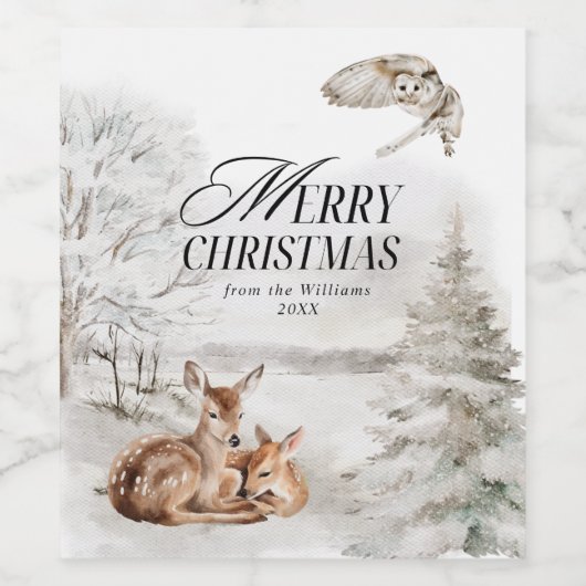 Bloemen Herten Elegante Waterverf Vrolijk Kerstfee Wijn Etiket (Enkel label)