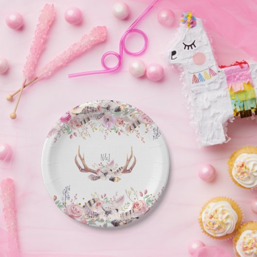 Bloemen & herten gewei rustieke huwelijksfeest eve papieren bordje (Feest)