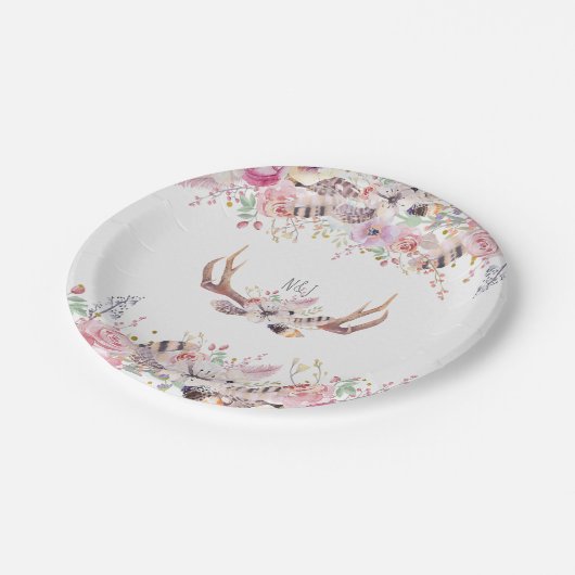 Bloemen & herten gewei rustieke huwelijksfeest eve papieren bordje (Gekanteld)