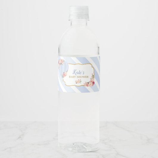 Bloemen Hete Luchtballon Baby shower Blauw Baby Bo Waterfles Etiket (Voorkant)