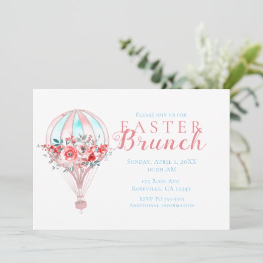 Bloemen Hete Luchtballon Pasen Brunch Lente Party Kaart (Staand voorkant)