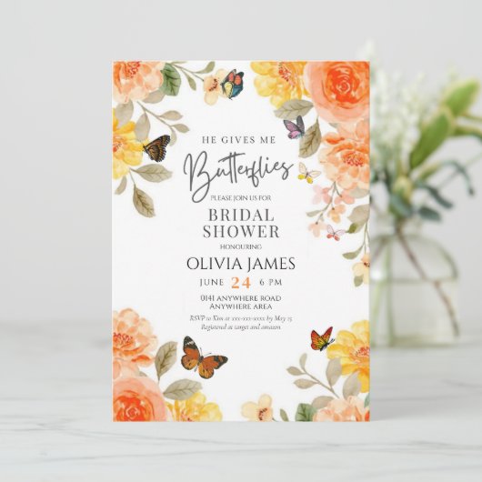 Bloemen hij geeft me vlinders vrijgezellenfeest kaart (Staand voorkant)