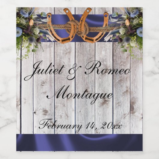 Bloemen & Hoefijzers, Blauw lint 2 Wijn Etiket (Enkel label)