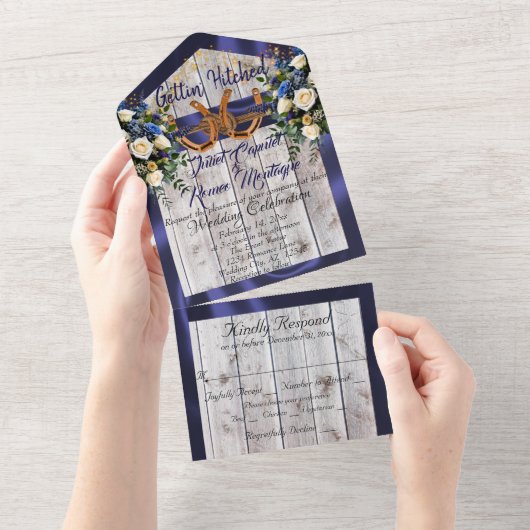 Bloemen & Hoefijzers, Blauw lint All In One Uitnodiging (Afscheurbaar)