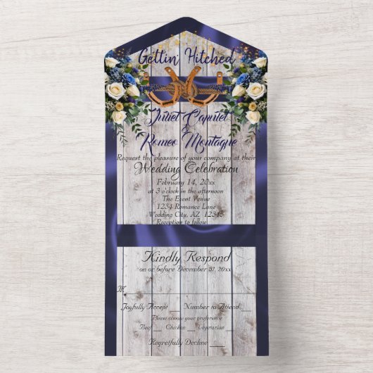Bloemen & Hoefijzers, Blauw lint All In One Uitnodiging (Binnen)