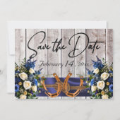Bloemen & Hoefijzers, Blauw lint bruiloft Save The Date (Voorkant)