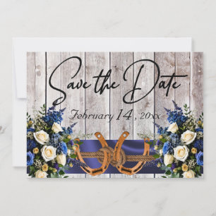 Bloemen & Hoefijzers, Blauw lint bruiloft Save The Date