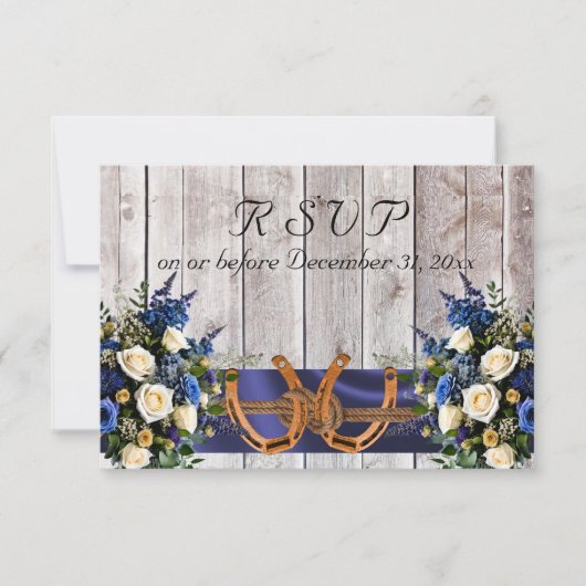 Bloemen & Hoefijzers, Blauw lint RSVP Kaartje (Voorkant)