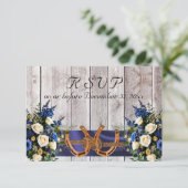 Bloemen & Hoefijzers, Blauw lint RSVP Kaartje (Staand voorkant)