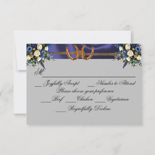 Bloemen & Hoefijzers, Blauw lint RSVP Kaartje (Achterkant)
