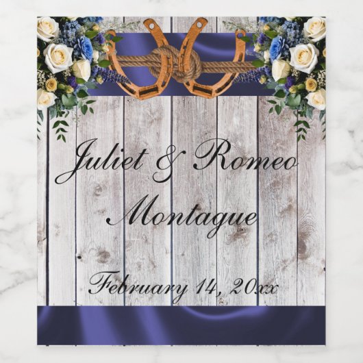 Bloemen, & Hoefijzers, Blauw lint Wijn Etiket (Enkel label)