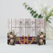 Bloemen & Hoefijzers, Paarse linten bruiloft RSVP Kaartje (Staand voorkant)