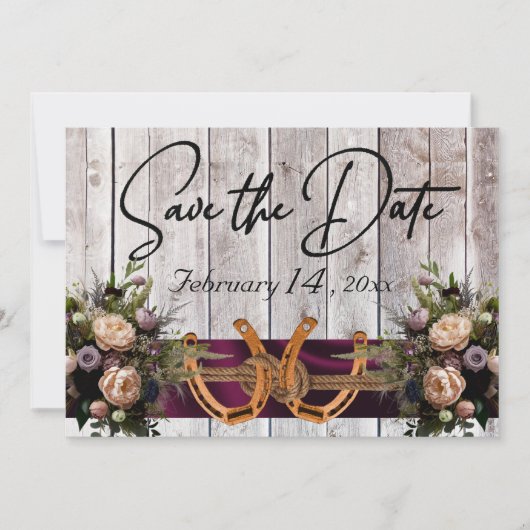 Bloemen & Hoefijzers, Paarse linten bruiloft Save The Date (Voorkant)
