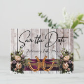 Bloemen & Hoefijzers, Paarse linten bruiloft Save The Date (Staand voorkant)
