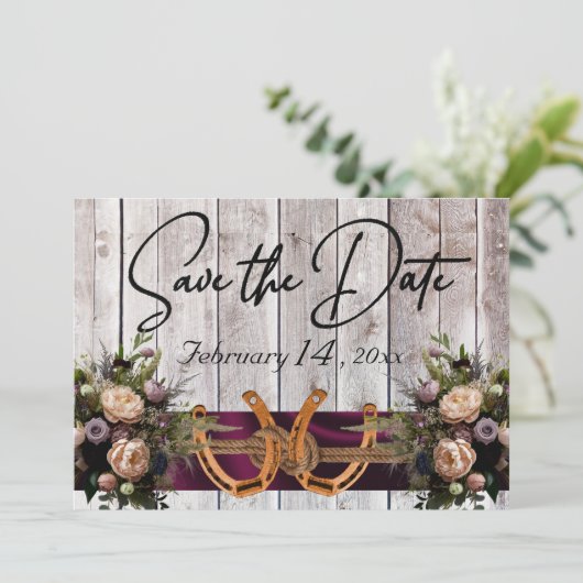 Bloemen & Hoefijzers, Paarse linten bruiloft Save The Date (Staand voorkant)