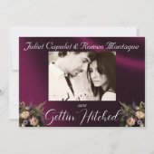 Bloemen & Hoefijzers, Paarse linten bruiloft Save The Date (Achterkant)