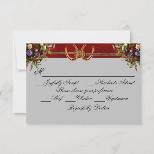Bloemen & Hoefijzers, Rode Lint RSVP Kaartje (Achterkant)