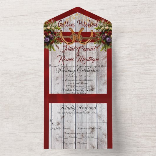 Bloemen & Hoefijzers, Rood lint All In One Uitnodiging (Binnen)