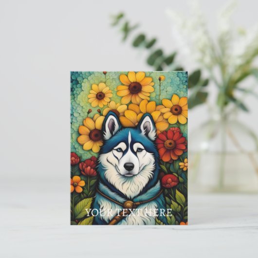 Bloemen Hond Art Siberische Husk schilderij Briefkaart (Staand voorkant)