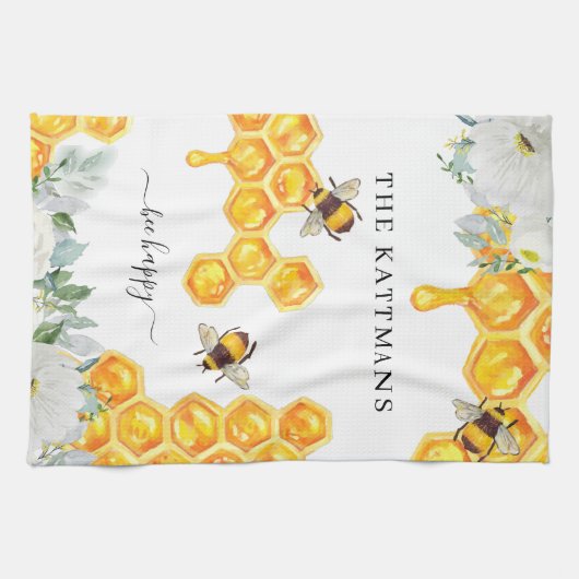 Bloemen Honingraat Bumble Bee | Monogram theedoek (Horizontaal)