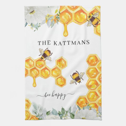 Bloemen Honingraat Bumble Bee | Monogram theedoek (Verticaal)