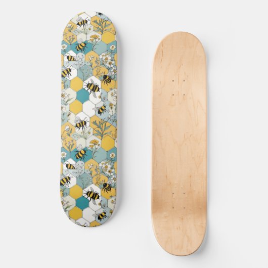 Bloemen Honingraat met Bijen Geel en Blauwgroen Persoonlijk Skateboard (Voorkant)