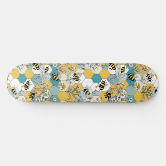 Bloemen Honingraat met Bijen Geel en Blauwgroen Persoonlijk Skateboard (Horizontaal)