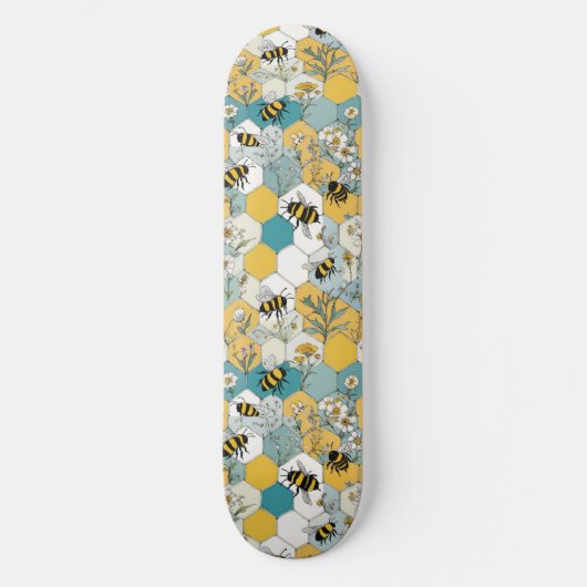 Bloemen Honingraat met Bijen Geel en Blauwgroen Persoonlijk Skateboard (Voorkant)