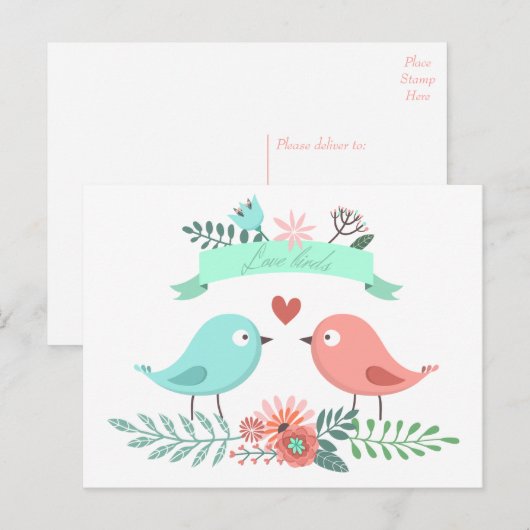 Bloemen houden van vogel blauw en roze bloem bruil briefkaart (Voorkant / Achterkant)