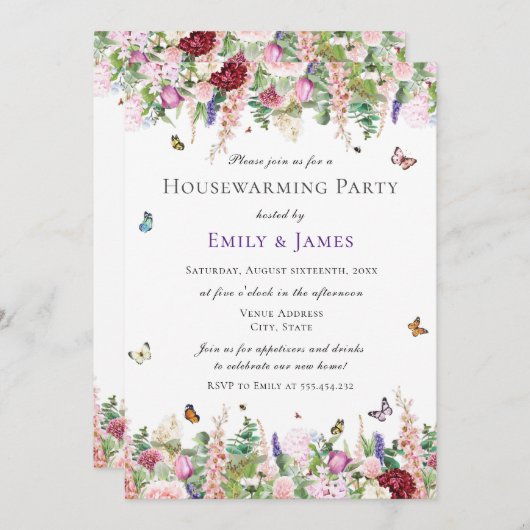 Bloemen Housewarming Party Kaart (Voorkant / Achterkant)