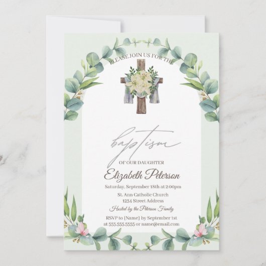 Bloemen Hout Kruis Doop Uitnodiging (Voorkant)