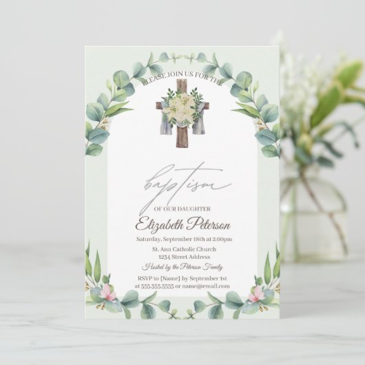 Bloemen Hout Kruis Doop Uitnodiging (Staand voorkant)