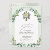 Bloemen Hout Kruis Doop Uitnodiging (Voorkant / Achterkant)