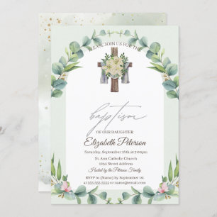Bloemen Hout Kruis Doop Uitnodiging