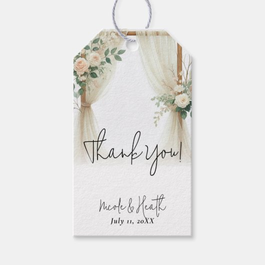 Bloemen Houten Boog Greenery Rozen Rustieke bruilo Cadeaulabel (Voorkant)