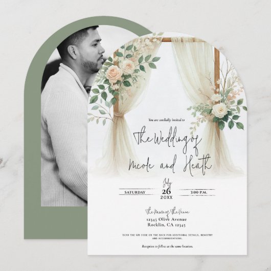 Bloemen Houten Boog Greenery Rozen Rustieke bruilo Kaart (Voorkant / Achterkant)