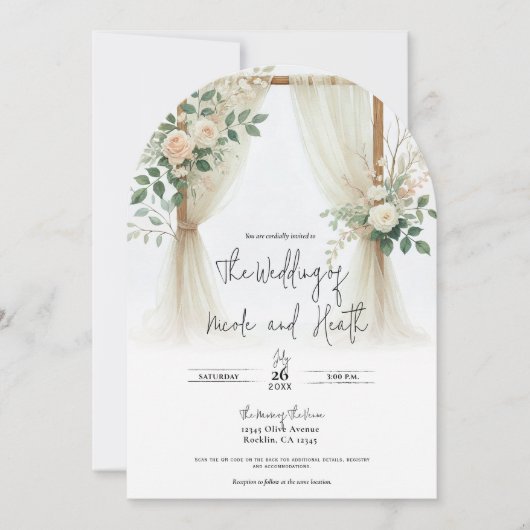 Bloemen Houten Boog Greenery Rozen Rustieke bruilo Kaart (Voorkant)