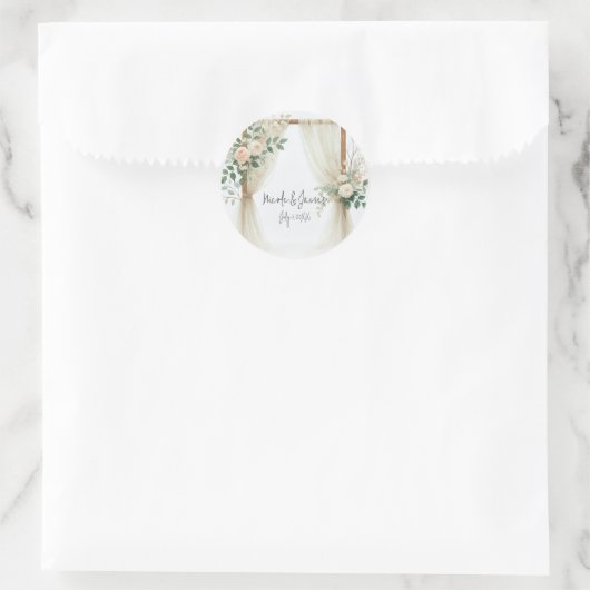 Bloemen Houten Boog Greenery Rozen Rustieke bruilo Ronde Sticker (Tas)