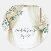 Bloemen Houten Boog Greenery Rozen Rustieke bruilo Ronde Sticker (Voorkant)