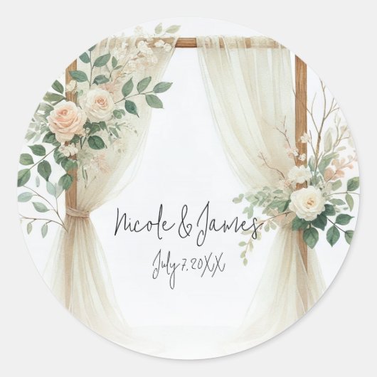 Bloemen Houten Boog Greenery Rozen Rustieke bruilo Ronde Sticker (Voorkant)
