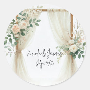 Bloemen Houten Boog Greenery Rozen Rustieke bruilo Ronde Sticker