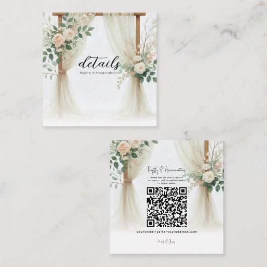 Bloemen Houten Boog Greenery Rozen Trouwdetails Vierkante Visitekaartje (Voorkant / Achterkant)